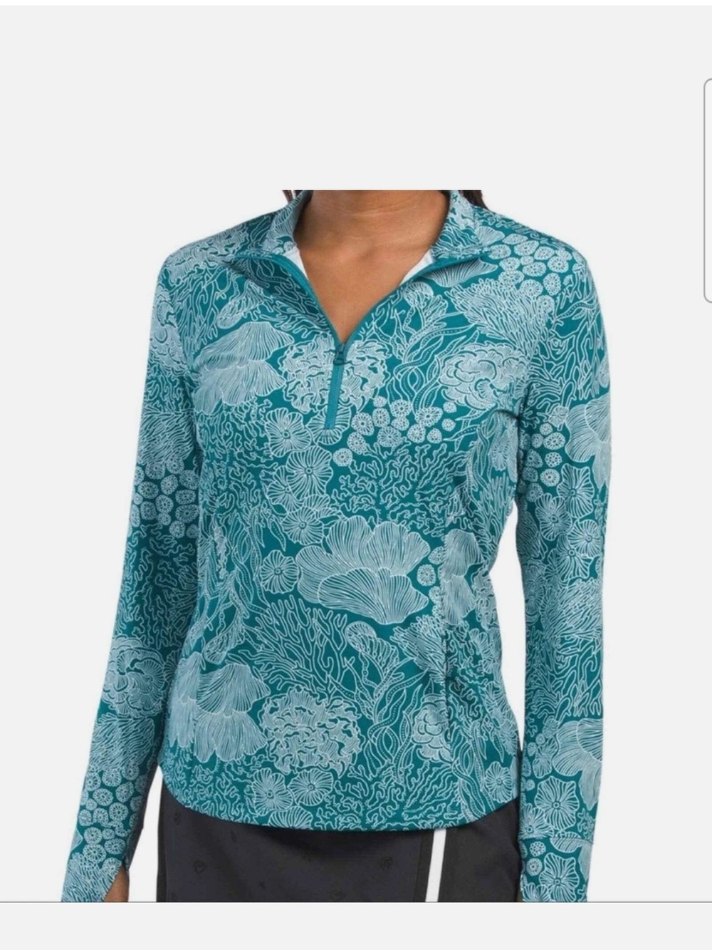 Tommy Bahama Teal Floral-Print Quarter-Zip Long Sleeve Top